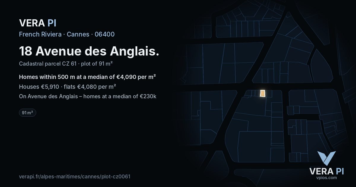 18 Avenue des Anglais, Cannes at night – the plot lit, the parcels around coloured by the prices near them