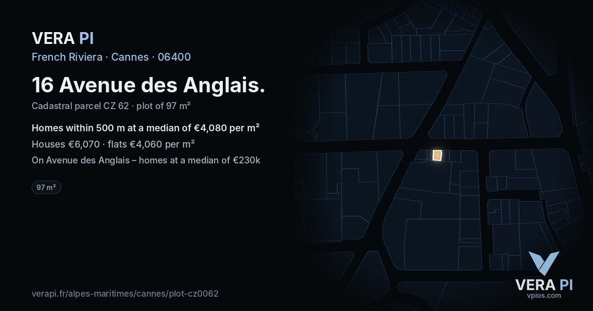 16 Avenue des Anglais, Cannes at night – the plot lit, the parcels around coloured by the prices near them