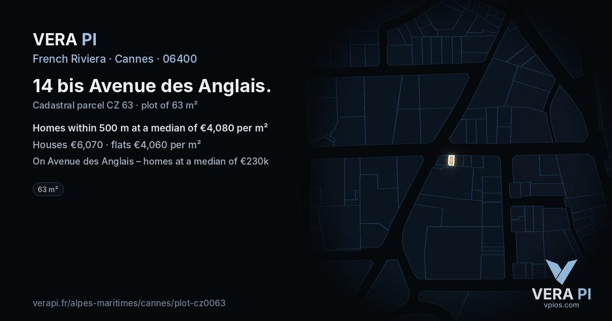 14 bis Avenue des Anglais, Cannes at night – the plot lit, the parcels around coloured by the prices near them