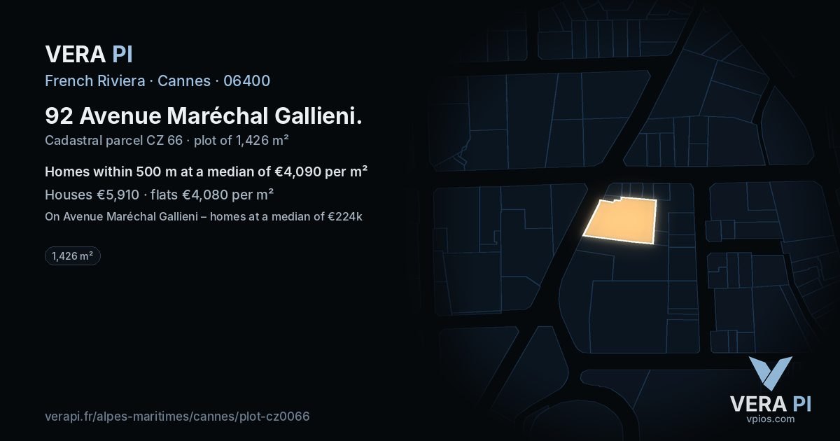 92 Avenue Maréchal Gallieni, Cannes at night – the plot lit, the parcels around coloured by the prices near them