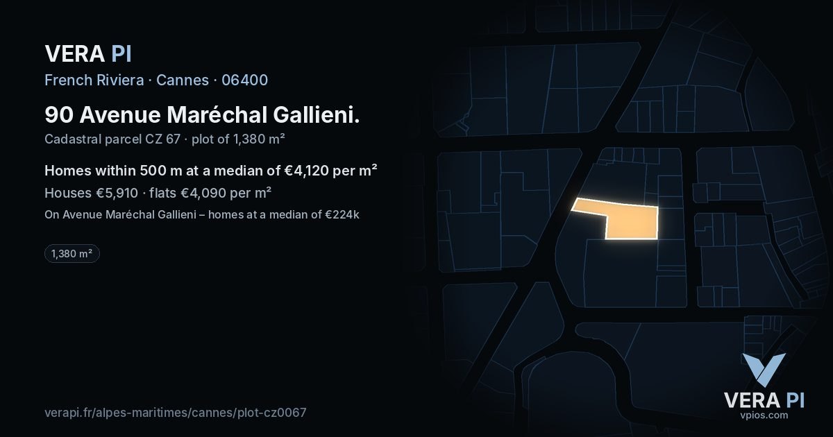 90 Avenue Maréchal Gallieni, Cannes at night – the plot lit, the parcels around coloured by the prices near them