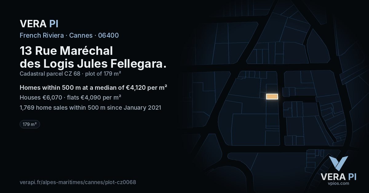 13 Rue Maréchal des Logis Jules Fellegara, Cannes at night – the plot lit, the parcels around coloured by the prices near them