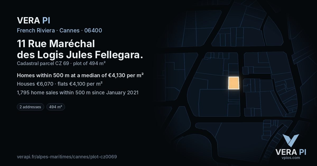 11 Rue Maréchal des Logis Jules Fellegara, Cannes at night – the plot lit, the parcels around coloured by the prices near them