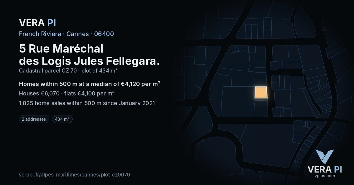 5 Rue Maréchal des Logis Jules Fellegara, Cannes at night – the plot lit, the parcels around coloured by the prices near them