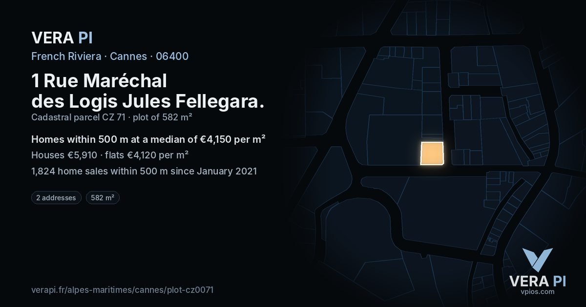 1 Rue Maréchal des Logis Jules Fellegara, Cannes at night – the plot lit, the parcels around coloured by the prices near them
