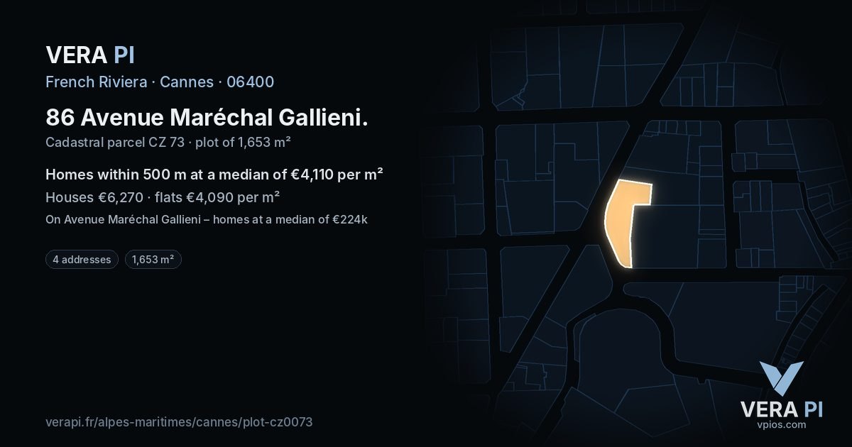 86 Avenue Maréchal Gallieni, Cannes at night – the plot lit, the parcels around coloured by the prices near them