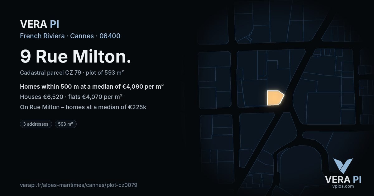 9 Rue Milton, Cannes at night – the plot lit, the parcels around coloured by the prices near them