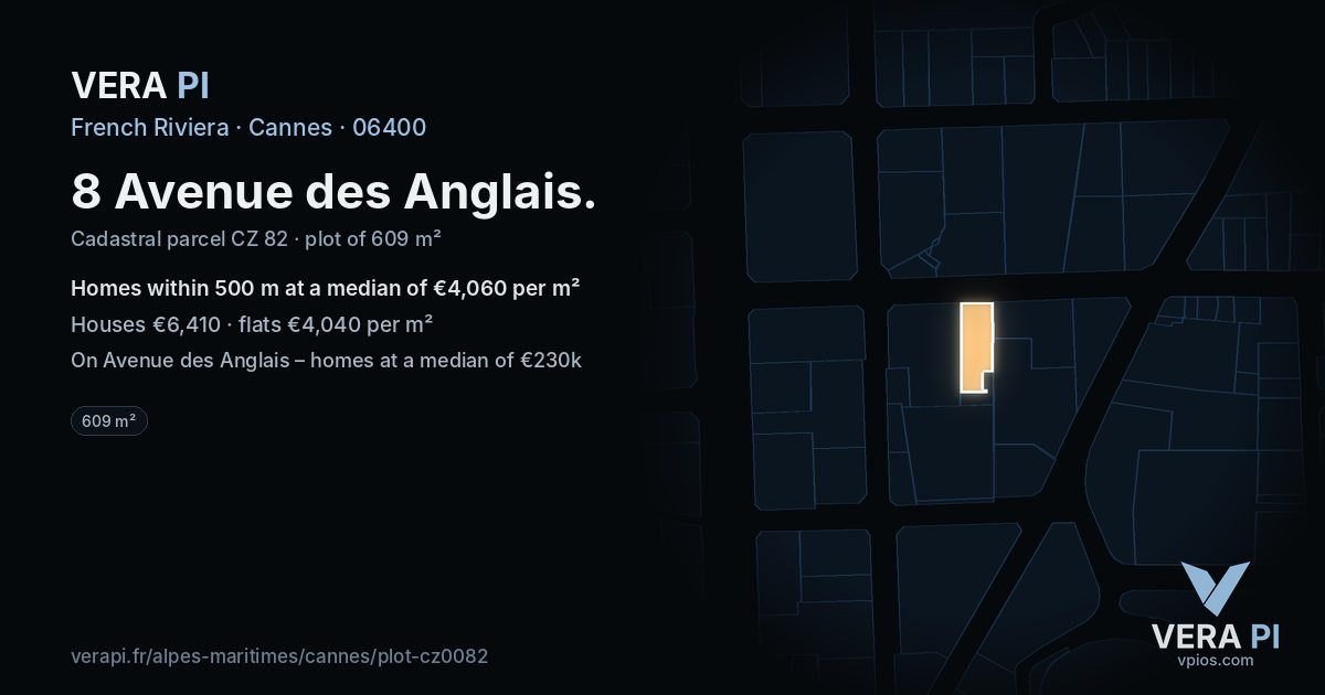 8 Avenue des Anglais, Cannes at night – the plot lit, the parcels around coloured by the prices near them