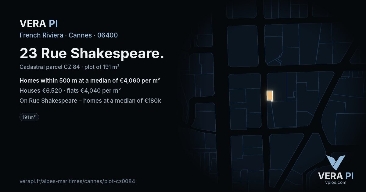 23 Rue Shakespeare, Cannes at night – the plot lit, the parcels around coloured by the prices near them