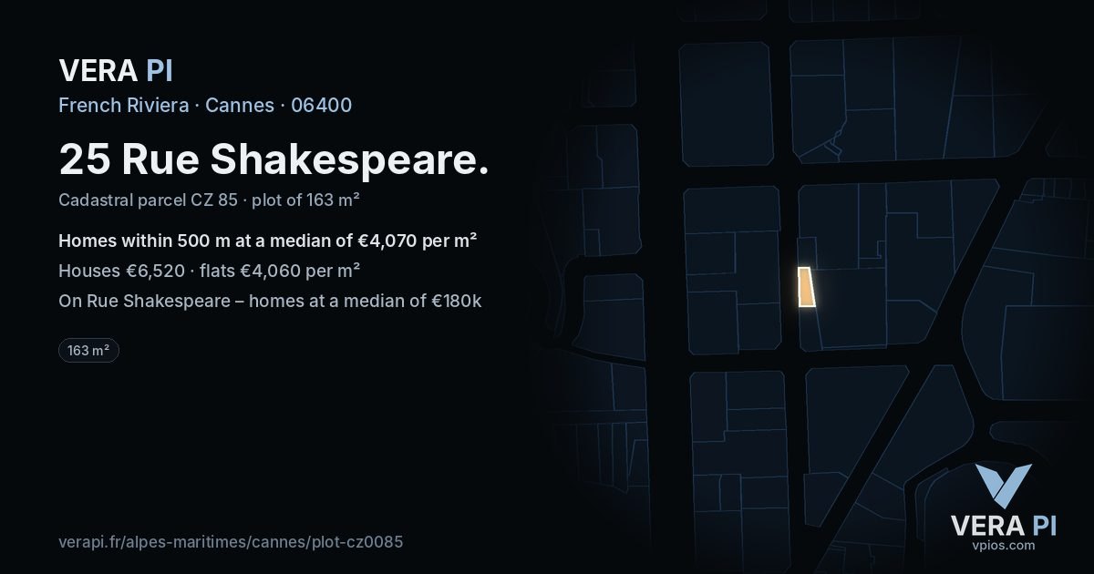 25 Rue Shakespeare, Cannes at night – the plot lit, the parcels around coloured by the prices near them