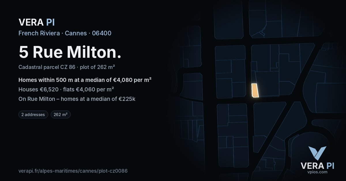 5 Rue Milton, Cannes at night – the plot lit, the parcels around coloured by the prices near them