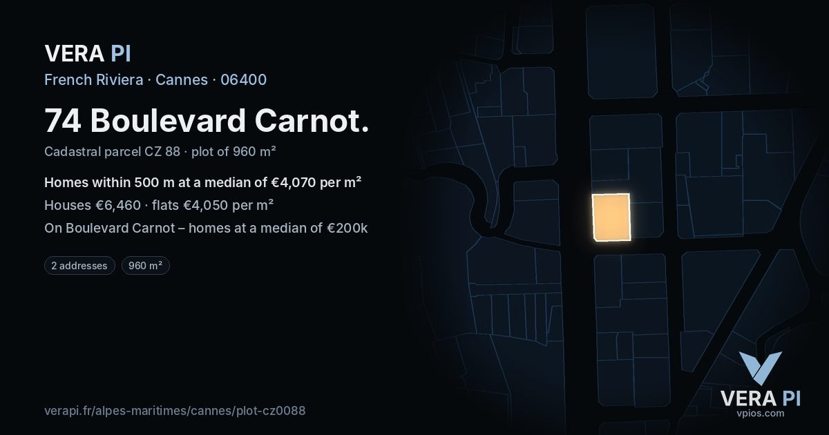 74 Boulevard Carnot, Cannes at night – the plot lit, the parcels around coloured by the prices near them