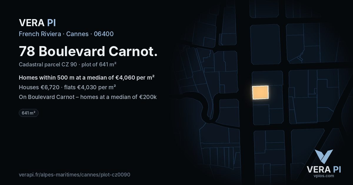 78 Boulevard Carnot, Cannes at night – the plot lit, the parcels around coloured by the prices near them