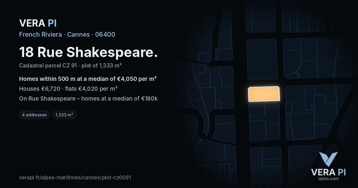 18 Rue Shakespeare, Cannes at night – the plot lit, the parcels around coloured by the prices near them