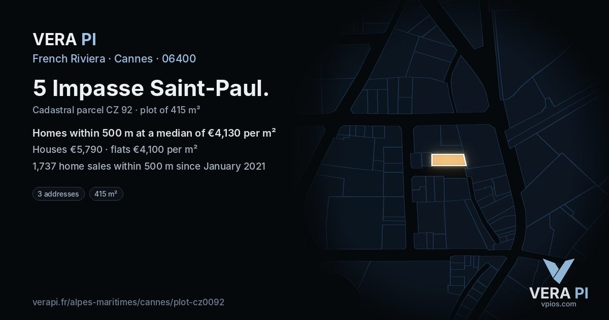 5 Impasse Saint-Paul, Cannes at night – the plot lit, the parcels around coloured by the prices near them