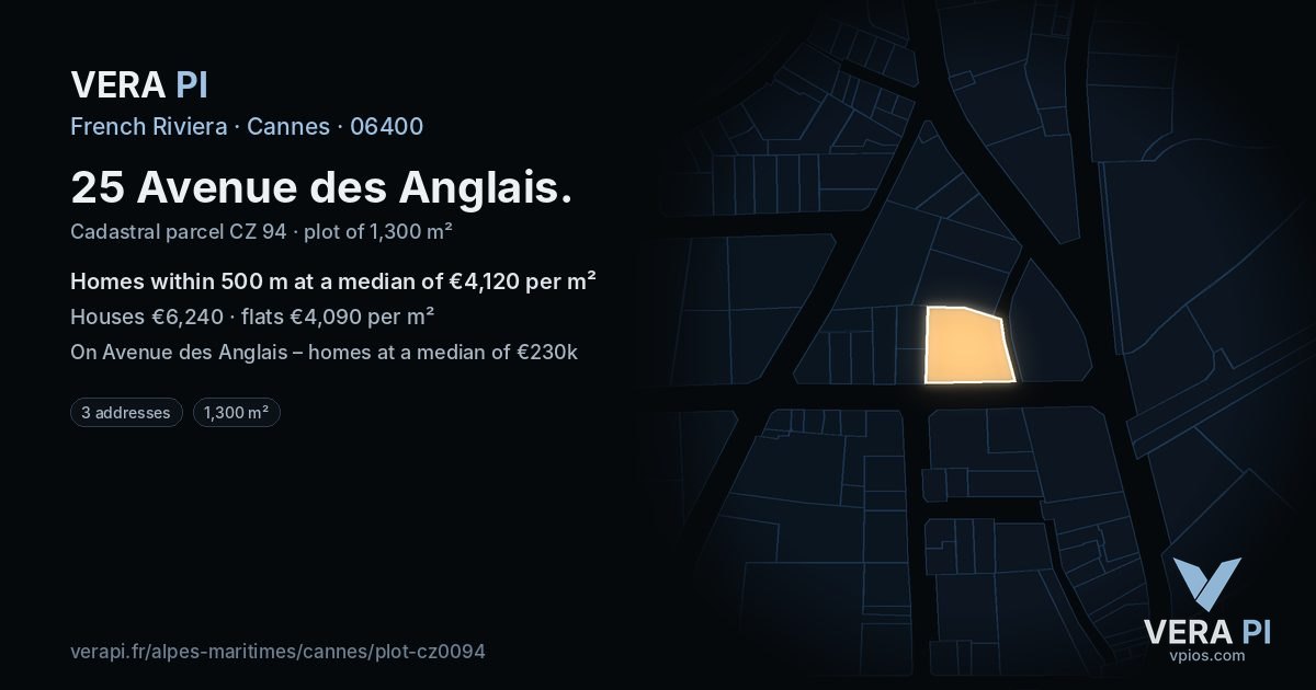 25 Avenue des Anglais, Cannes at night – the plot lit, the parcels around coloured by the prices near them