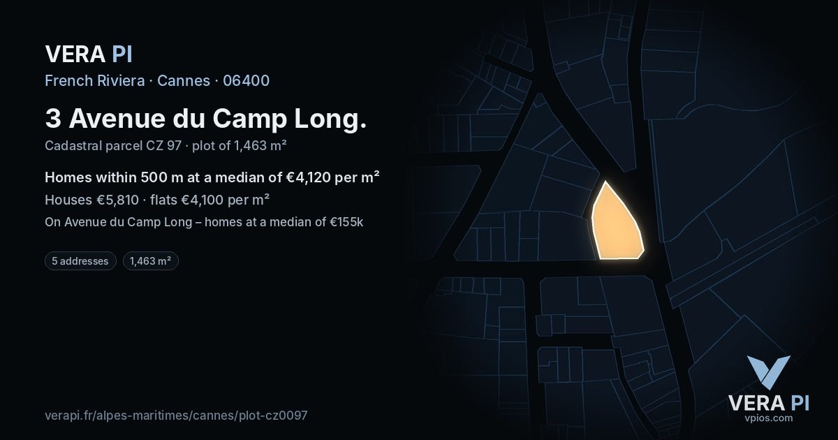 3 Avenue du Camp Long, Cannes at night – the plot lit, the parcels around coloured by the prices near them