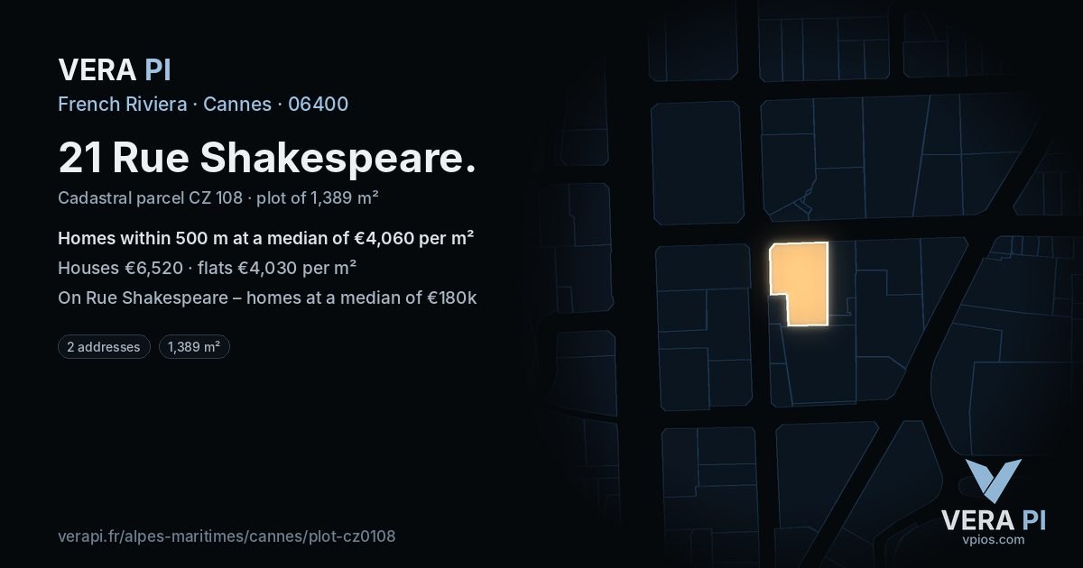21 Rue Shakespeare, Cannes at night – the plot lit, the parcels around coloured by the prices near them