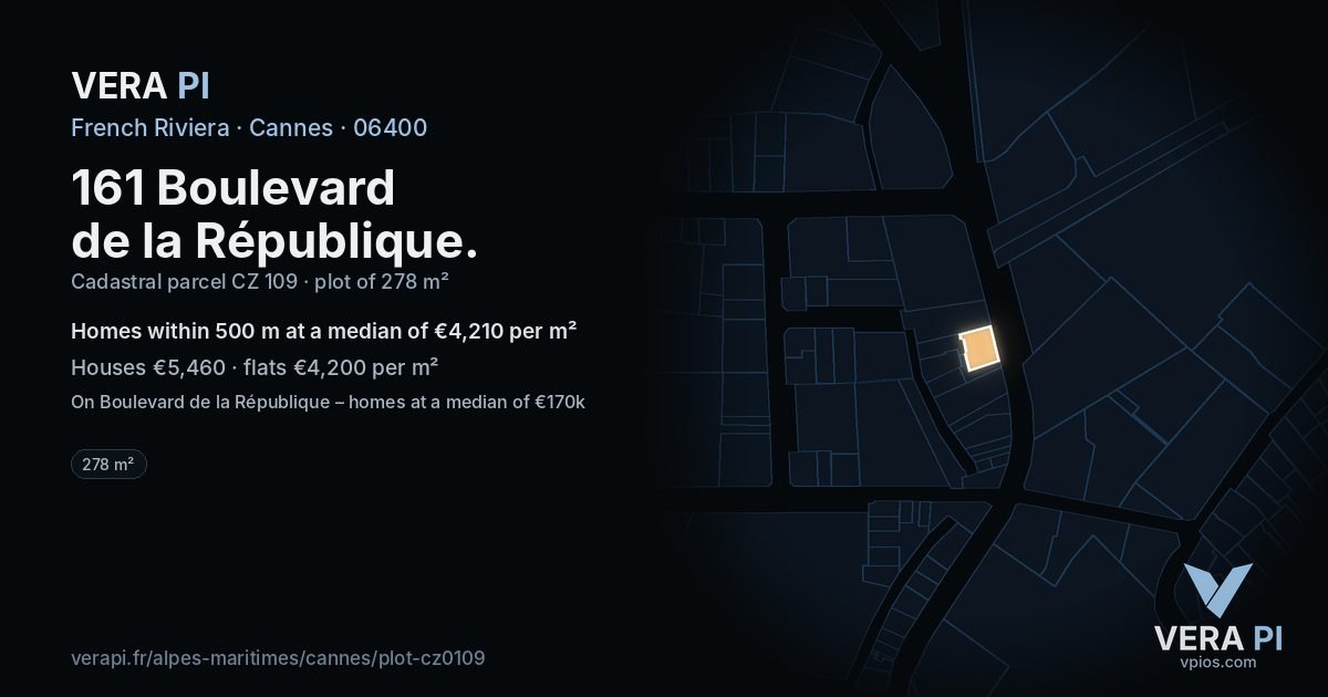 161 Boulevard de la République, Cannes at night – the plot lit, the parcels around coloured by the prices near them