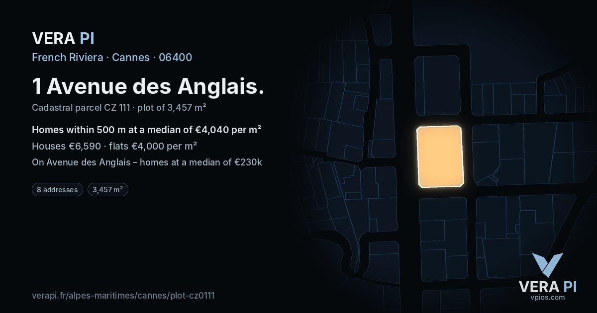 1 Avenue des Anglais, Cannes at night – the plot lit, the parcels around coloured by the prices near them