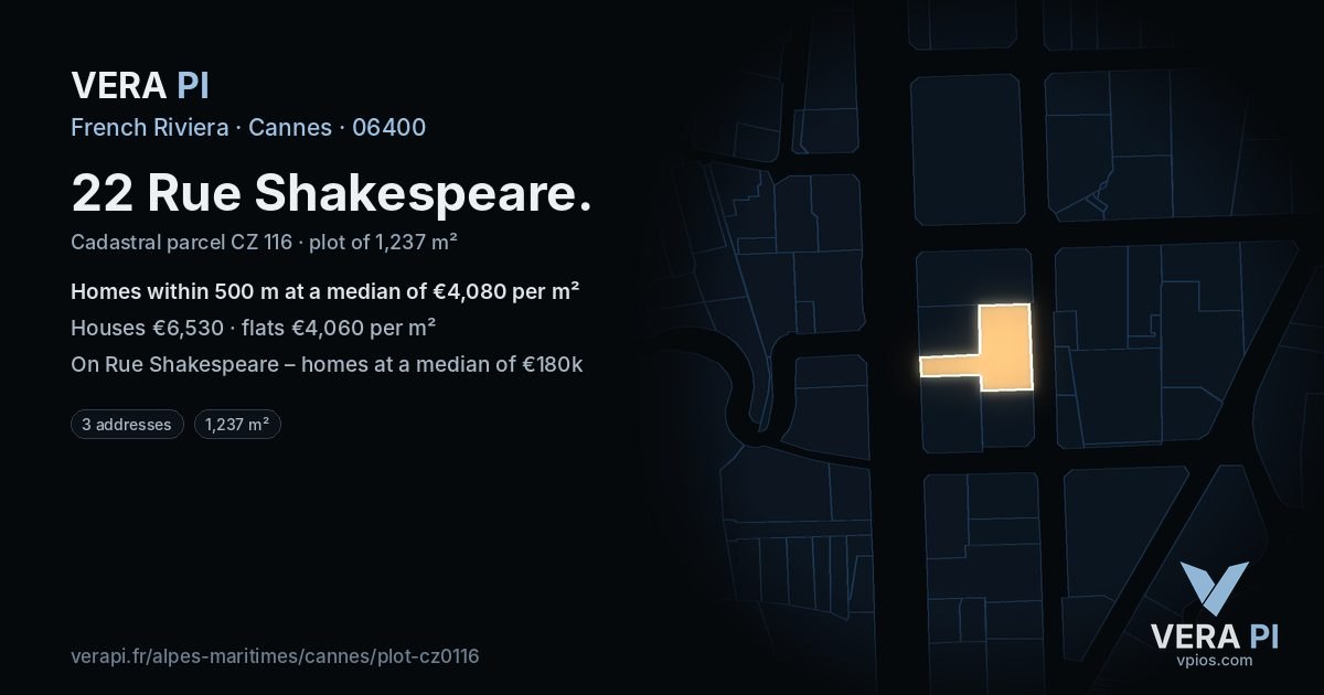 22 Rue Shakespeare, Cannes at night – the plot lit, the parcels around coloured by the prices near them