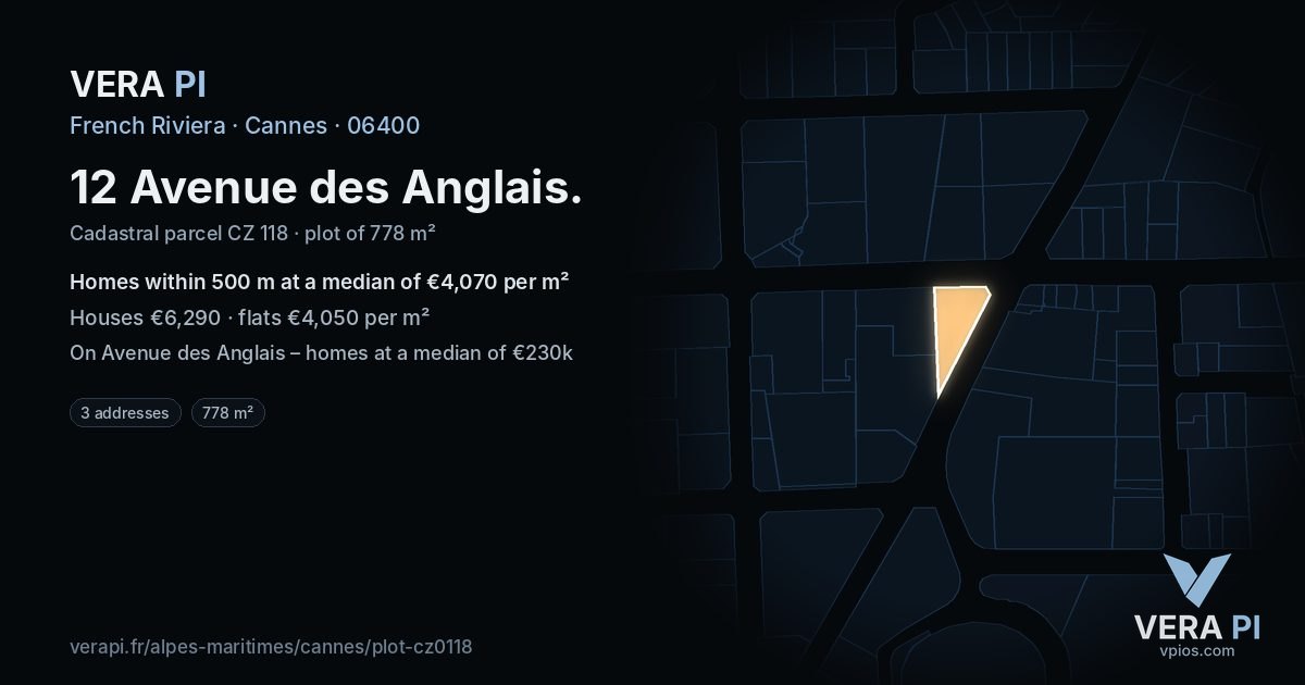 12 Avenue des Anglais, Cannes at night – the plot lit, the parcels around coloured by the prices near them