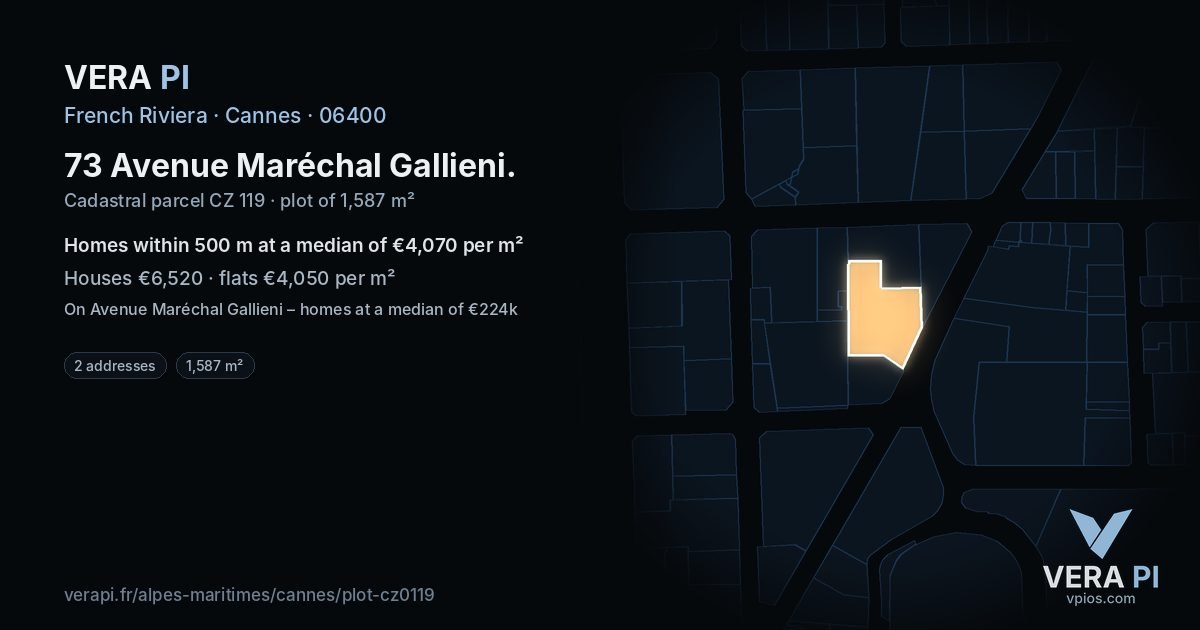 73 Avenue Maréchal Gallieni, Cannes at night – the plot lit, the parcels around coloured by the prices near them