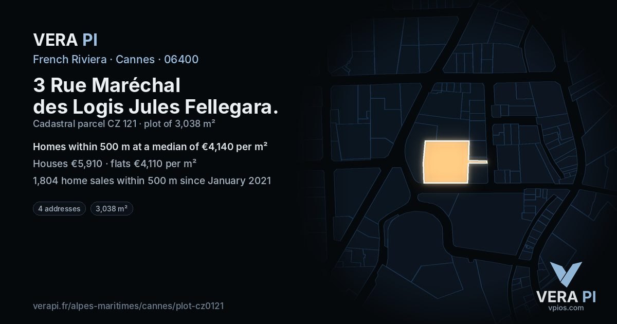 3 Rue Maréchal des Logis Jules Fellegara, Cannes at night – the plot lit, the parcels around coloured by the prices near them