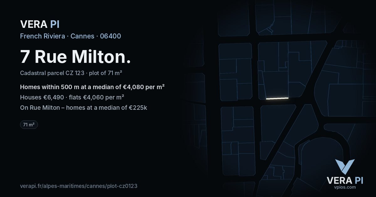 7 Rue Milton, Cannes at night – the plot lit, the parcels around coloured by the prices near them
