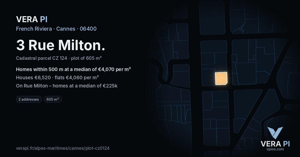 3 Rue Milton, Cannes at night – the plot lit, the parcels around coloured by the prices near them