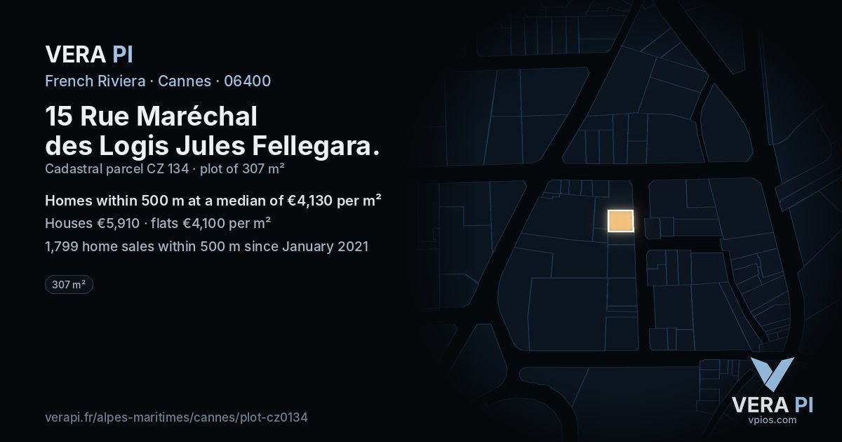15 Rue Maréchal des Logis Jules Fellegara, Cannes at night – the plot lit, the parcels around coloured by the prices near them