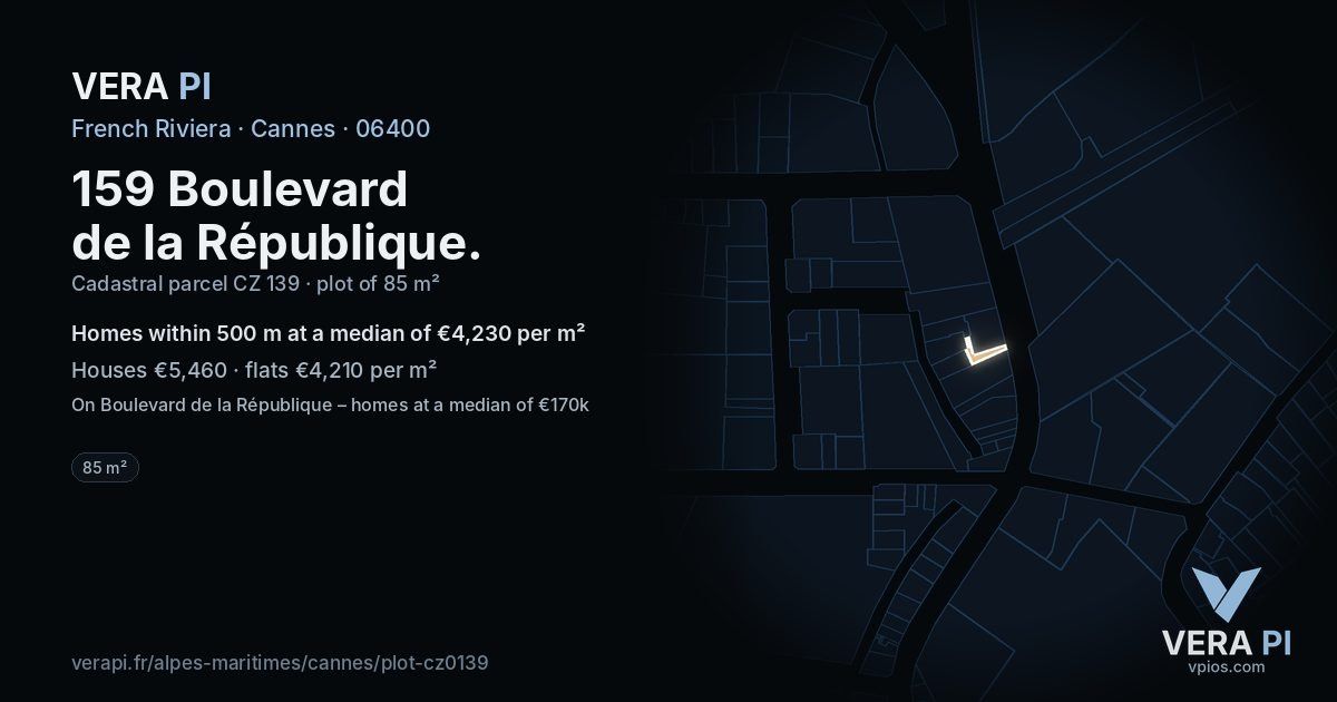 159 Boulevard de la République, Cannes at night – the plot lit, the parcels around coloured by the prices near them