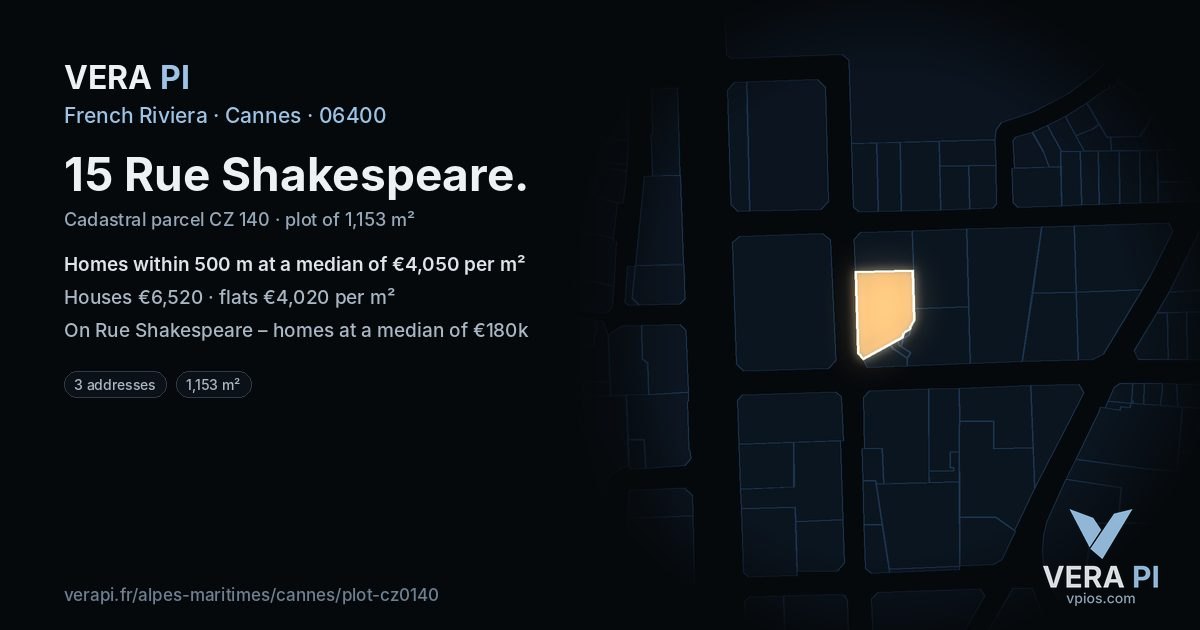 15 Rue Shakespeare, Cannes at night – the plot lit, the parcels around coloured by the prices near them