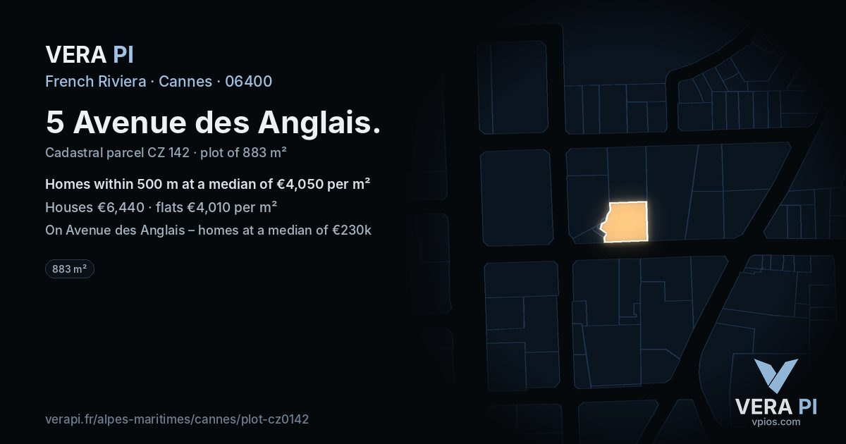 5 Avenue des Anglais, Cannes at night – the plot lit, the parcels around coloured by the prices near them
