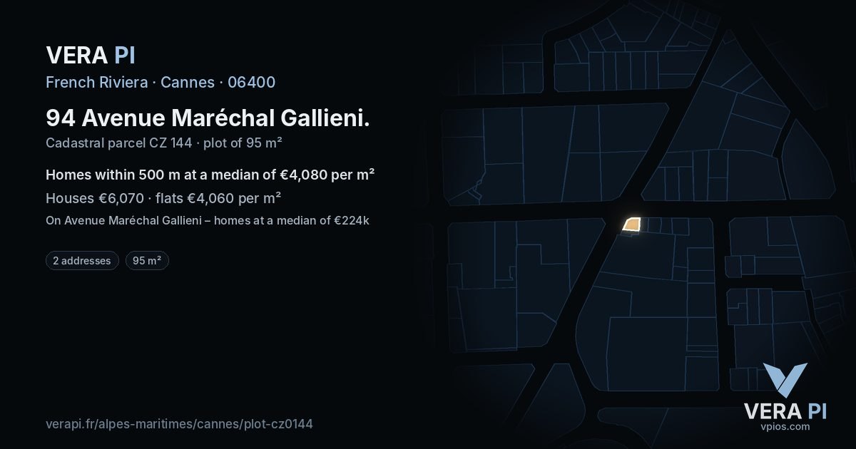 94 Avenue Maréchal Gallieni, Cannes at night – the plot lit, the parcels around coloured by the prices near them