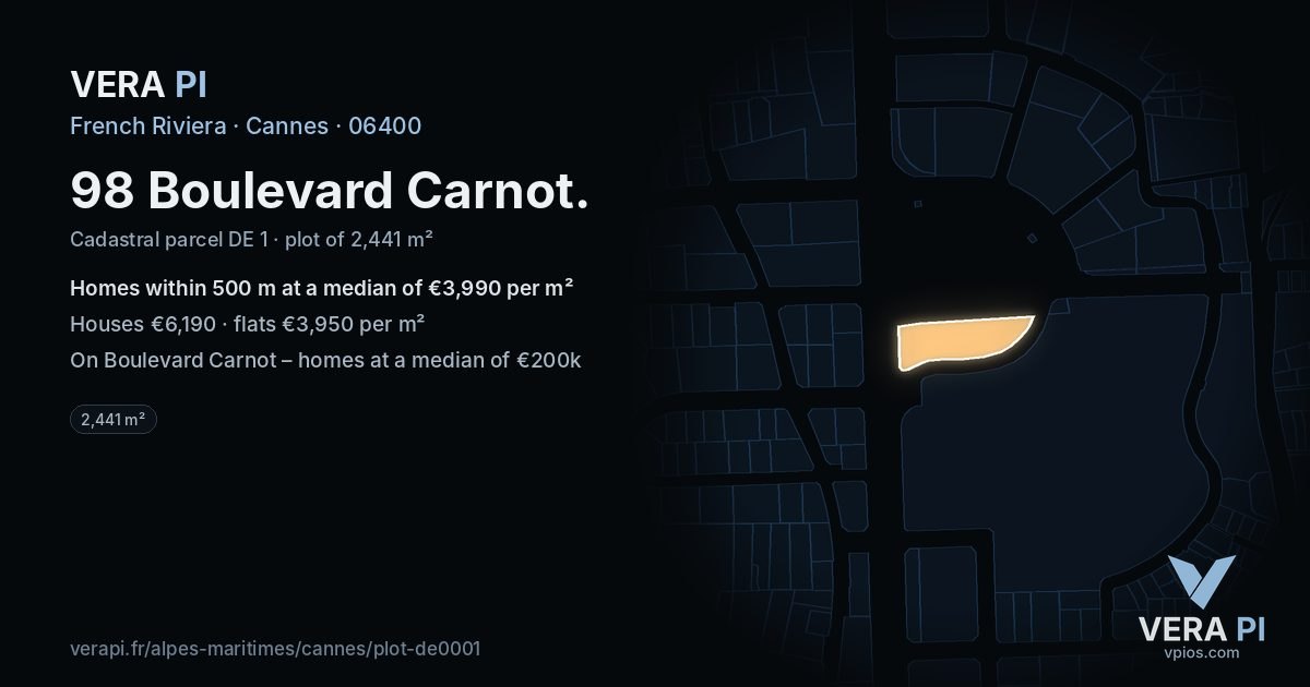98 Boulevard Carnot, Cannes at night – the plot lit, the parcels around coloured by the prices near them