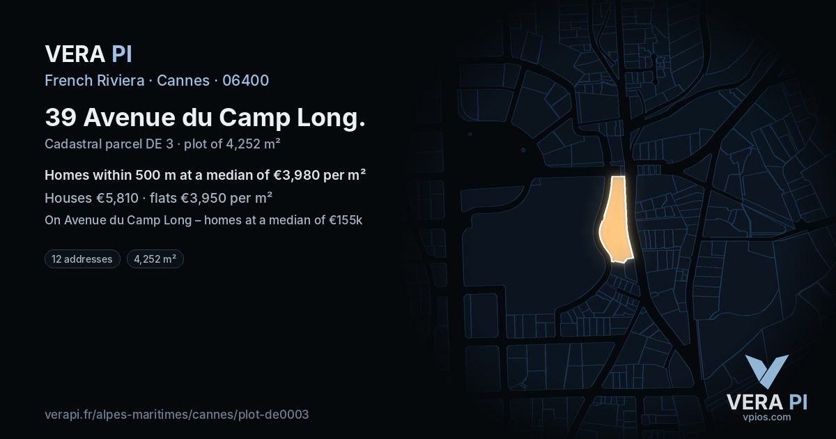 39 Avenue du Camp Long, Cannes at night – the plot lit, the parcels around coloured by the prices near them