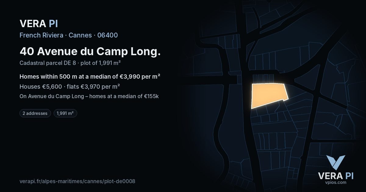 40 Avenue du Camp Long, Cannes at night – the plot lit, the parcels around coloured by the prices near them