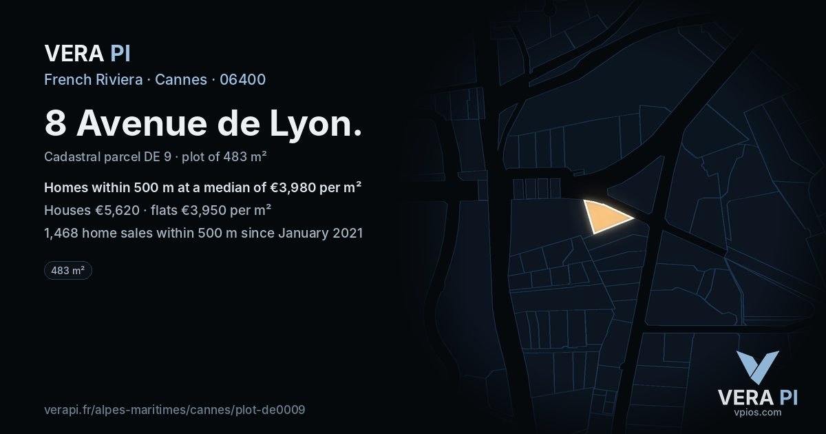 8 Avenue de Lyon, Cannes at night – the plot lit, the parcels around coloured by the prices near them