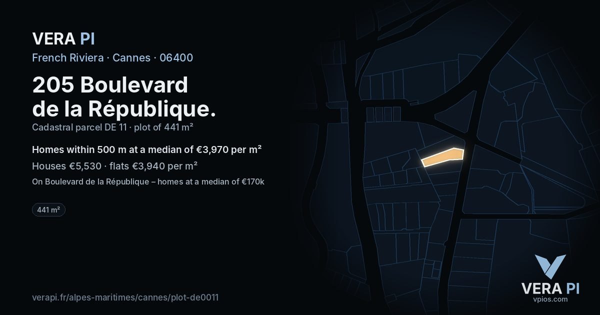 205 Boulevard de la République, Cannes at night – the plot lit, the parcels around coloured by the prices near them