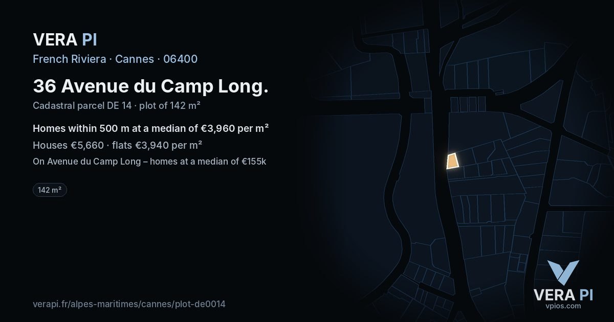 36 Avenue du Camp Long, Cannes at night – the plot lit, the parcels around coloured by the prices near them