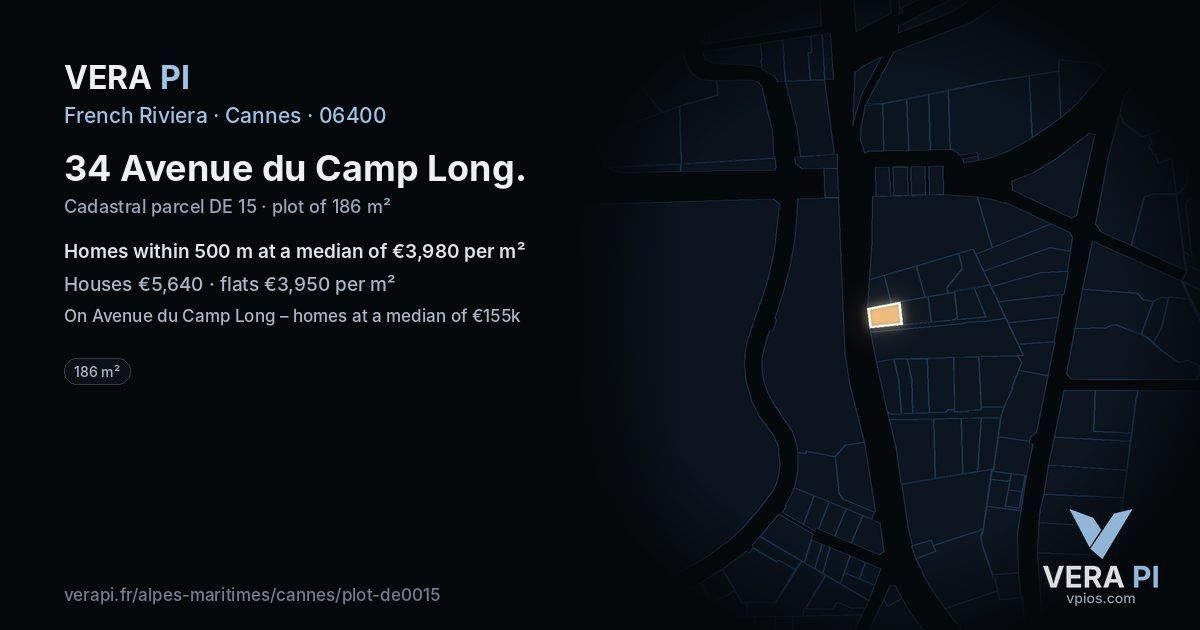 34 Avenue du Camp Long, Cannes at night – the plot lit, the parcels around coloured by the prices near them