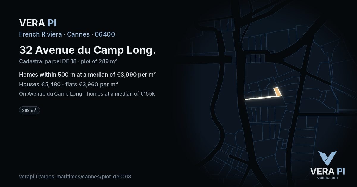 32 Avenue du Camp Long, Cannes at night – the plot lit, the parcels around coloured by the prices near them