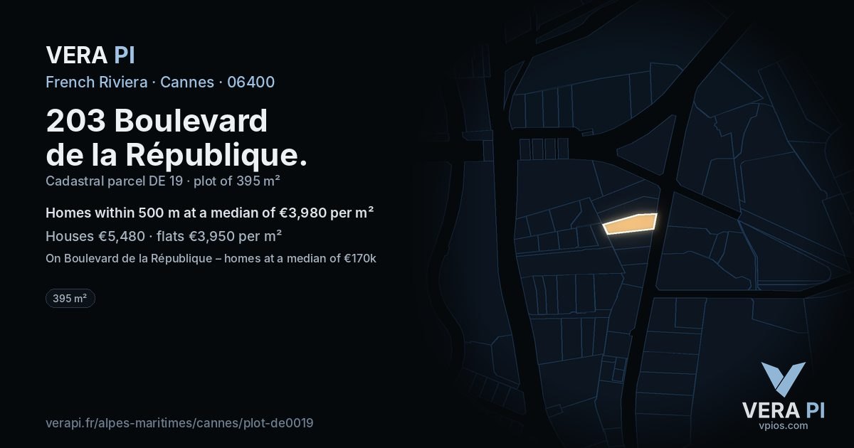 203 Boulevard de la République, Cannes at night – the plot lit, the parcels around coloured by the prices near them