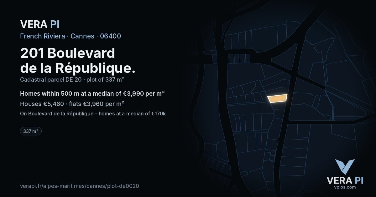 201 Boulevard de la République, Cannes at night – the plot lit, the parcels around coloured by the prices near them
