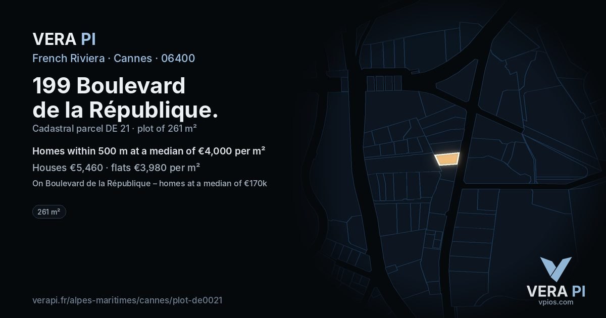 199 Boulevard de la République, Cannes at night – the plot lit, the parcels around coloured by the prices near them
