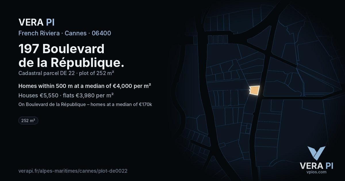 197 Boulevard de la République, Cannes at night – the plot lit, the parcels around coloured by the prices near them
