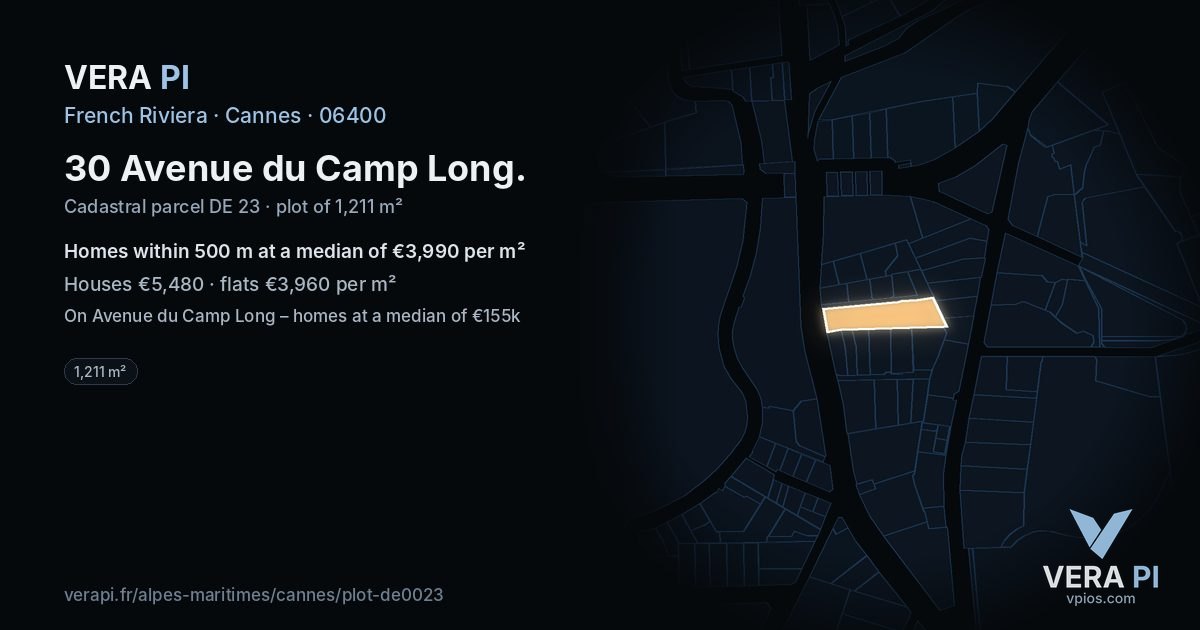 30 Avenue du Camp Long, Cannes at night – the plot lit, the parcels around coloured by the prices near them