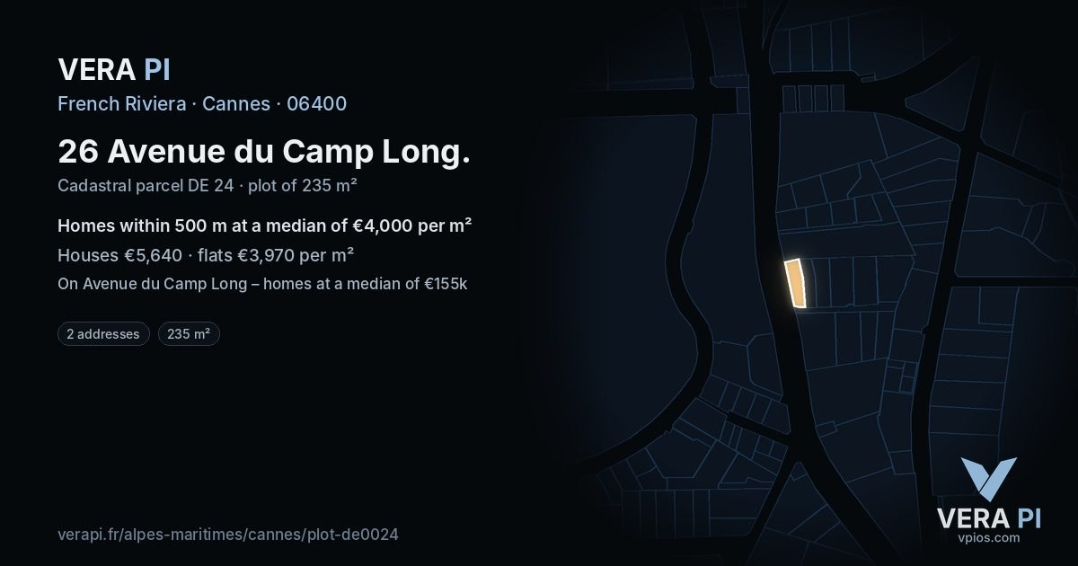 26 Avenue du Camp Long, Cannes at night – the plot lit, the parcels around coloured by the prices near them