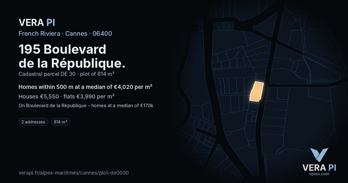 195 Boulevard de la République, Cannes at night – the plot lit, the parcels around coloured by the prices near them